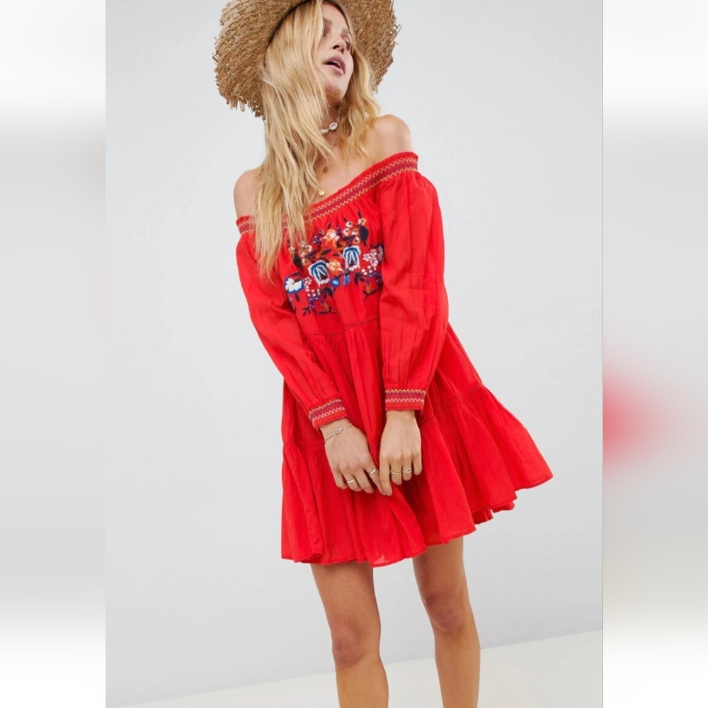 New Free People Sun Beams Embroidered Off-The shoulder dress